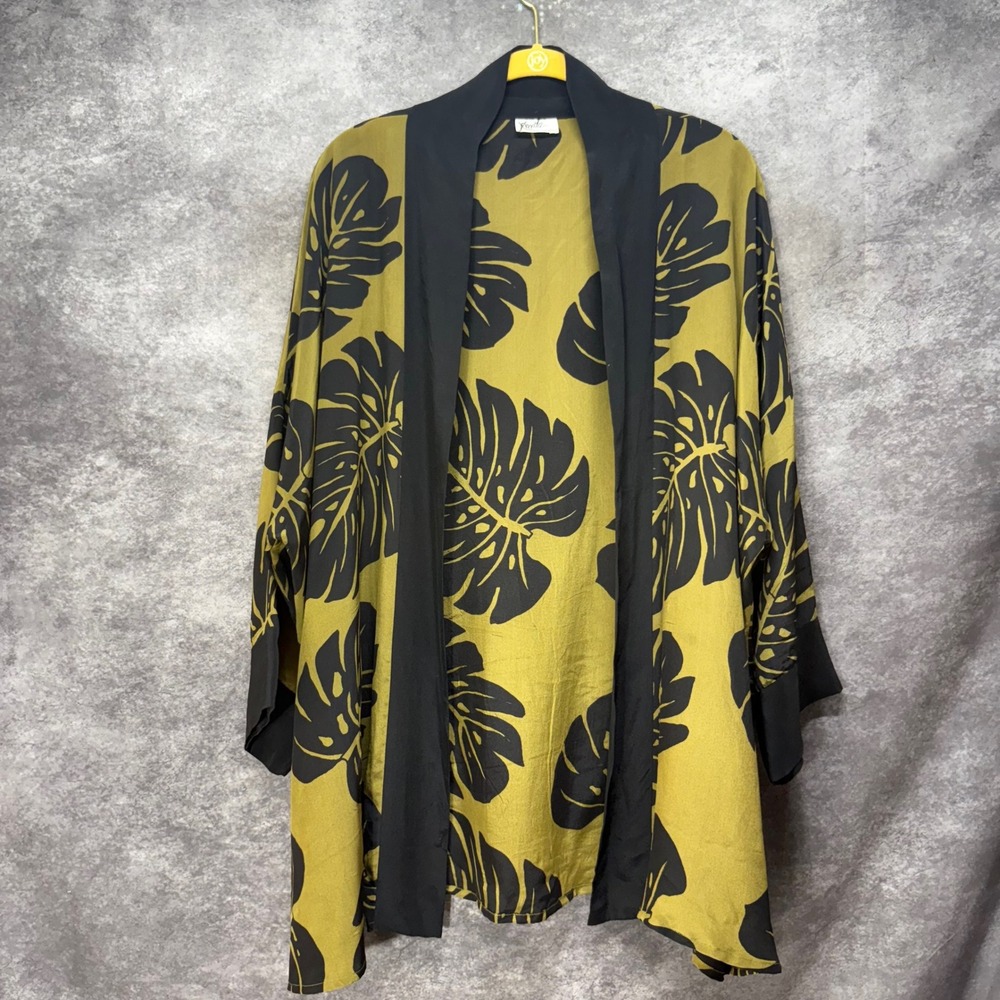 Kavita Painted Silks Monstera Leaf Kimono Cardigan Topper Olive Green Black OS